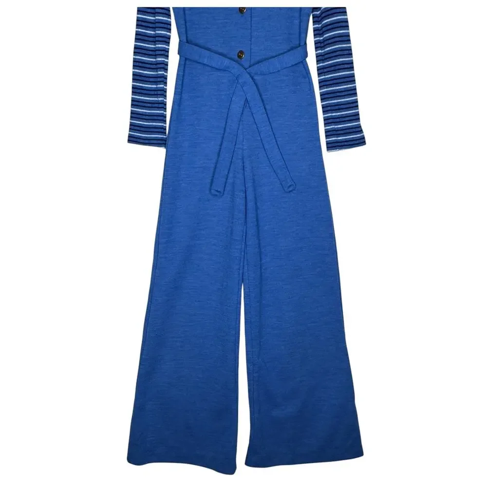 1970s Pic-Nics by Her Majesty Blue Knit Jumpsuit Turtleneck Set USA XS